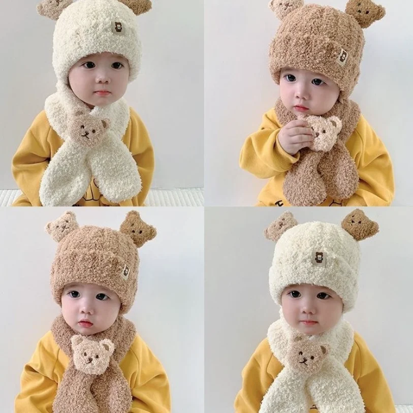 2024 Autumn/Winter Boys' and Girls' Plush Warm Hat Scarf Two Piece Set Baby Children's Cartoon Bear Ear Protection Hat Scarf