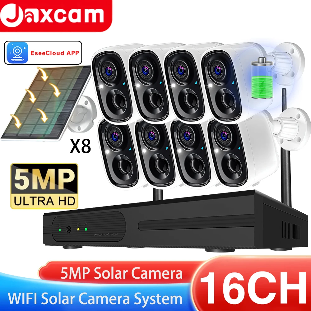 

16CH NVR 5MP Wireless Solar Camera System Kit Outdoor WiFi Solar Security Camera Set Two-Way Talk PIR Detection EseeCloud APP