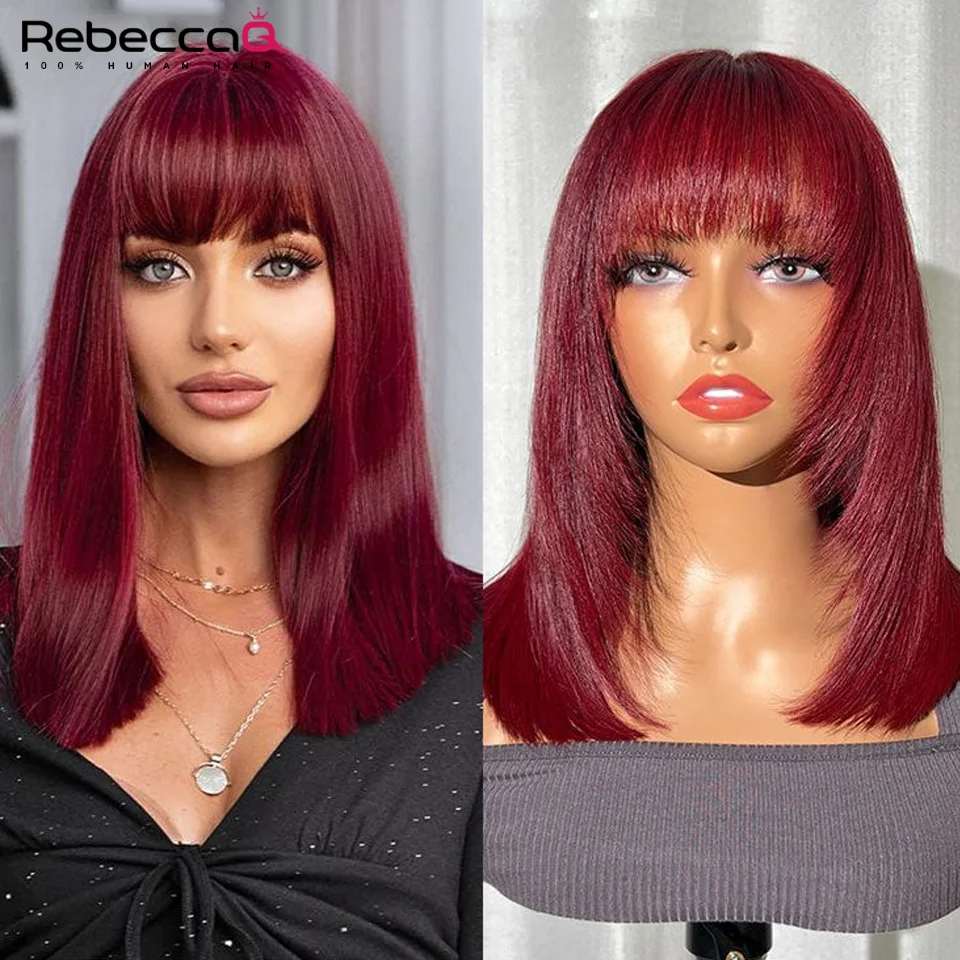 

99J Red Straight Wig With Bangs Glueless preplucked human wigs ready to go wigs for Women Burgundy Full Machine Made Fringe Wig