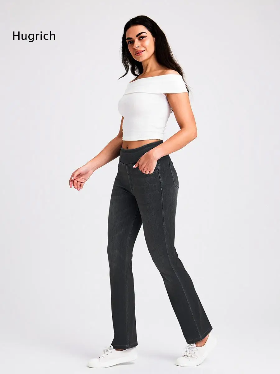High Elastic Waist Stretch Denim Bootcut Pants Women Classic Light Wash Slant Pocket Slim Fit Daily Casual Trousers