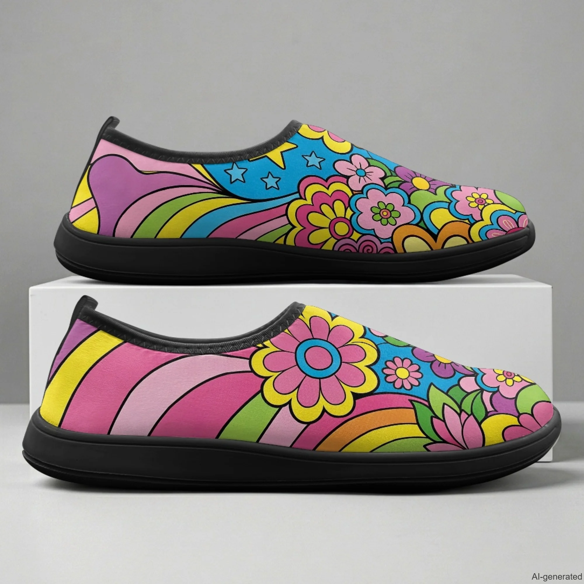 XIXIRIMIDO Slip-on Wide-toed Shoes Men's Breathable Mesh Shoes Hippie Flower Print Womens Fashion Sneakers Walking Shoes 36-46