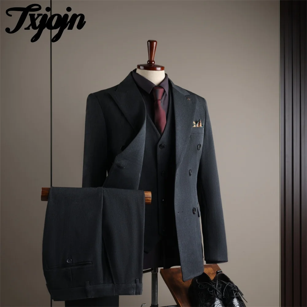 Classic Double Breasted Suit Set 3PCS 2025 For Wedding Formal Peak Lapel Men Suit Classic Solid Color Slim Suit For Groom Suit - Image 3