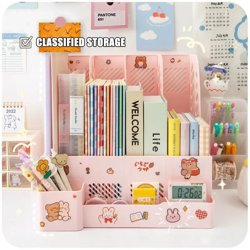 kawaii desk organizer com cesta de armazenamento destacavel bandeja de arquivo do escritorio book stand office rack dobravel desktop 01