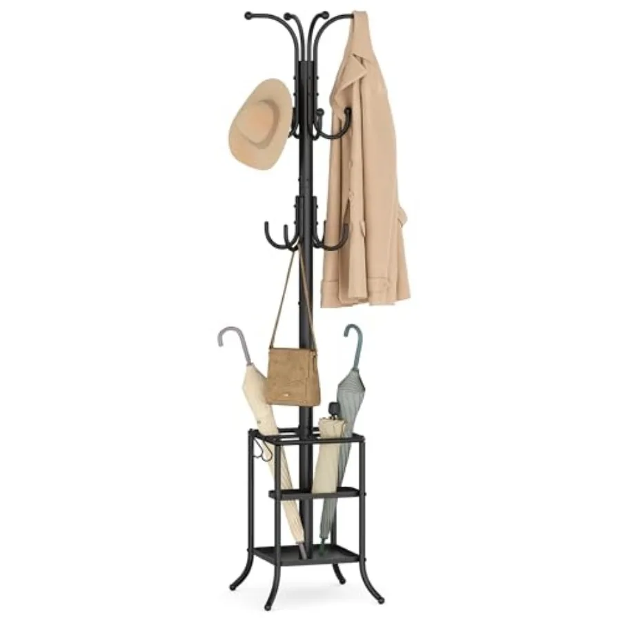 

Coat Rack Freestanding with Umbrella Holder, Metal Coat Rack Stand with 12 Hooks, for Entryway, Hallway, Living Room, Bedroom,
