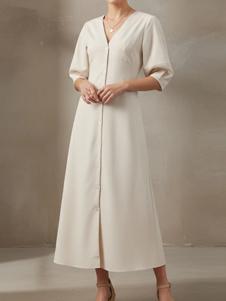 

Повседневное льняное платье из хлопка с V-образным вырезом, однотонное, с рукавом до локтя, на пуговицах, свободного кроя, миди, для женщин, 2026, для работы и улицы, Vestidos