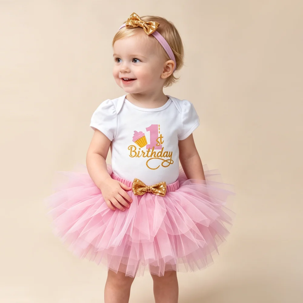 Baby Girl 1st Birthday Outfit 3Pcs Pink Romper Tutu Skirt Gold Bow Headband Infant First Birthday Party Dress Cake Smash 0-24M