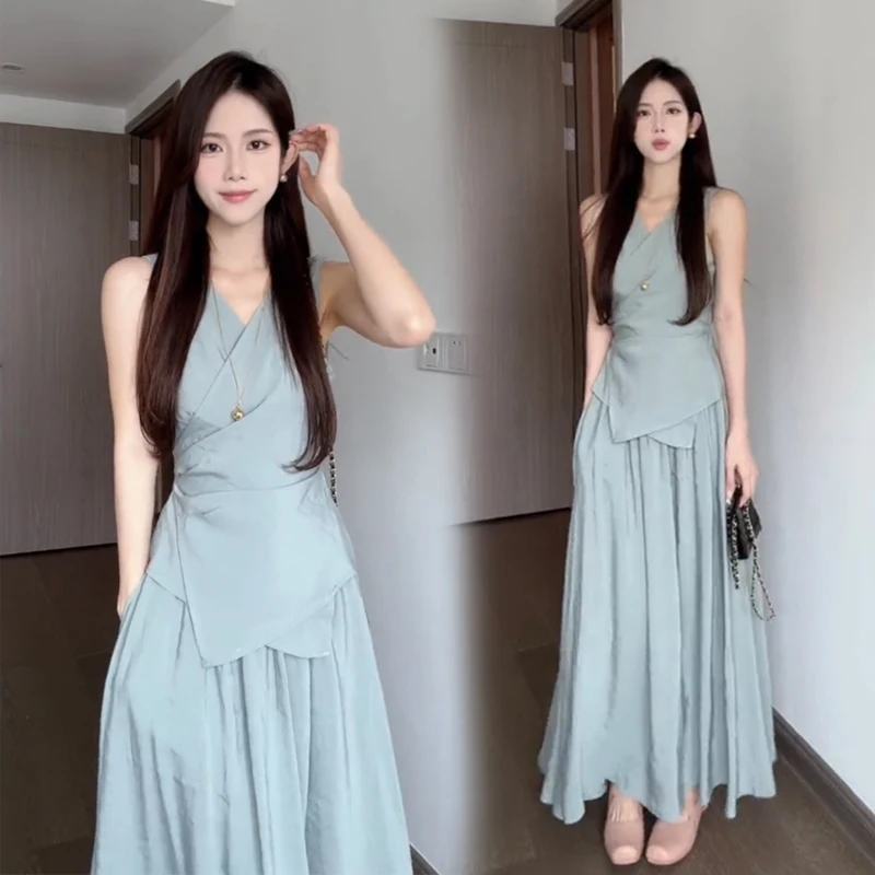 

Sleeveless top with mid-length skirt, summer dress, a complete set of fashionable Korean style, age-reducing, light and mature