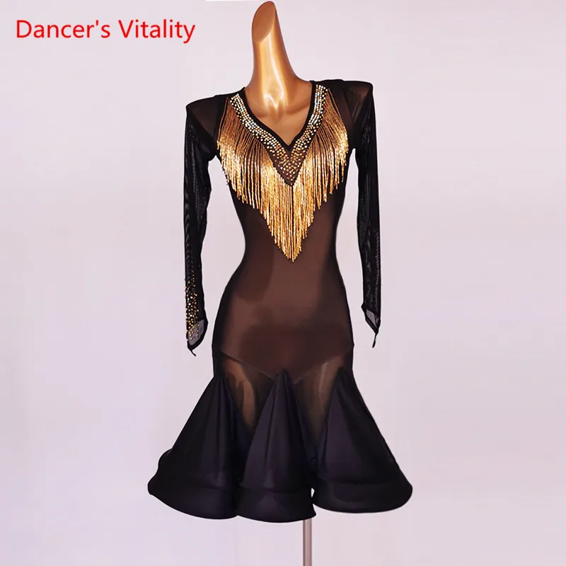 

Latin Dance Dress Diamond V-Neck Mesh Skirt Long Sleeve Performance Clothes High-End Custom Adult Child Competition Clothing