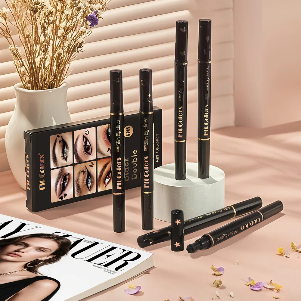 6 STKS Stempel Vloeibare Eyeliner Set Waterdicht Snel Droog Double-ended Zwart Hart Ster Afdichting Oog Staart Eyeliner Uitbreiding Make-up Kit