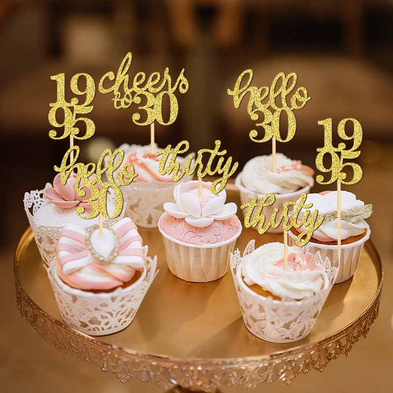 YOMDID 24 Stück Cupcake-Topper zum 30. Geburtstag, glitzernde Kuchendekoration zum 30. Geburtstag für Hochzeitstorte, 30 Jubiläumszubehör
