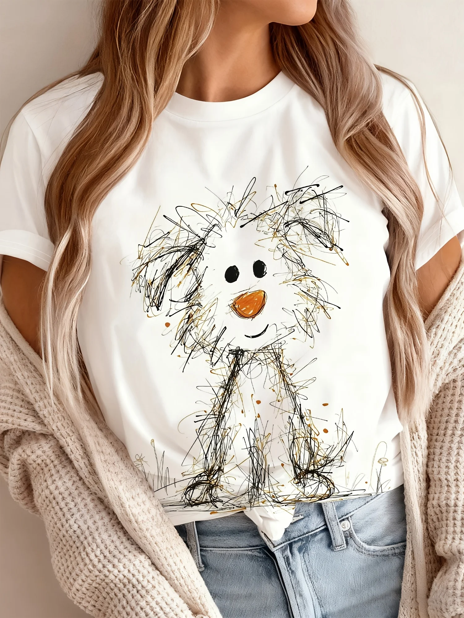 Women Short Sleeve T‑Shirt Scribble Sketch Cute Dog Art Print Crew Neck Festival Gift Casual Daily Wear Women's Clothes