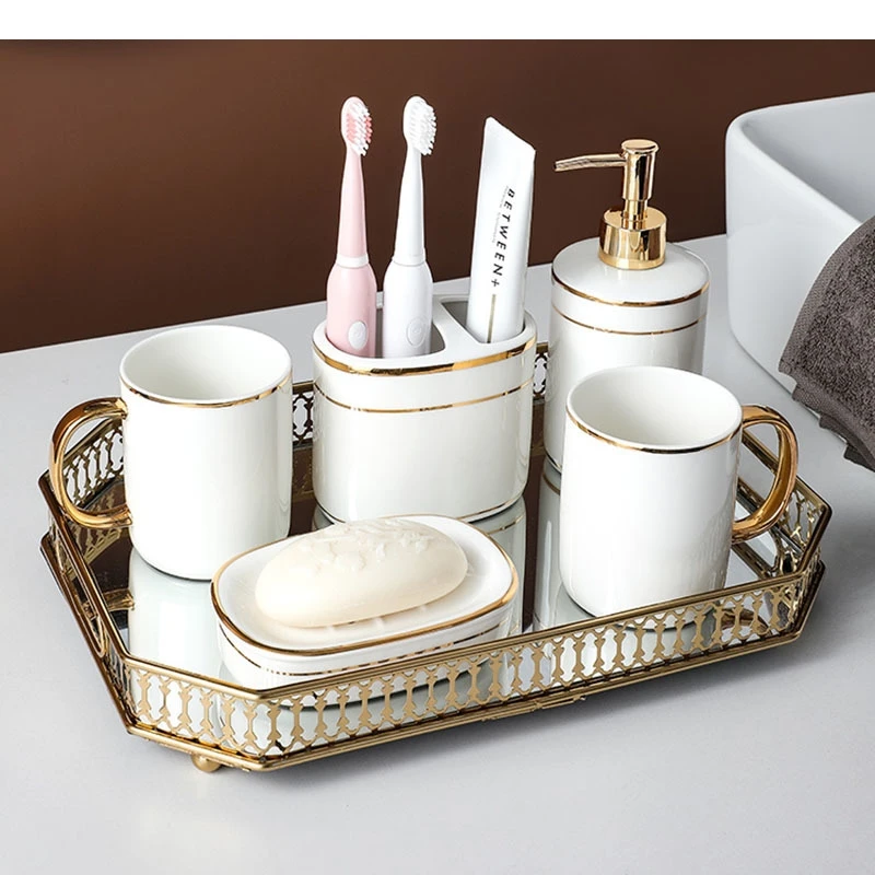 

Golden Stripes Bathroom Decoration Accessories White Ceramic Toothbrush Holder Portable Soap Dispenser Mouth Mug Bath Supplies