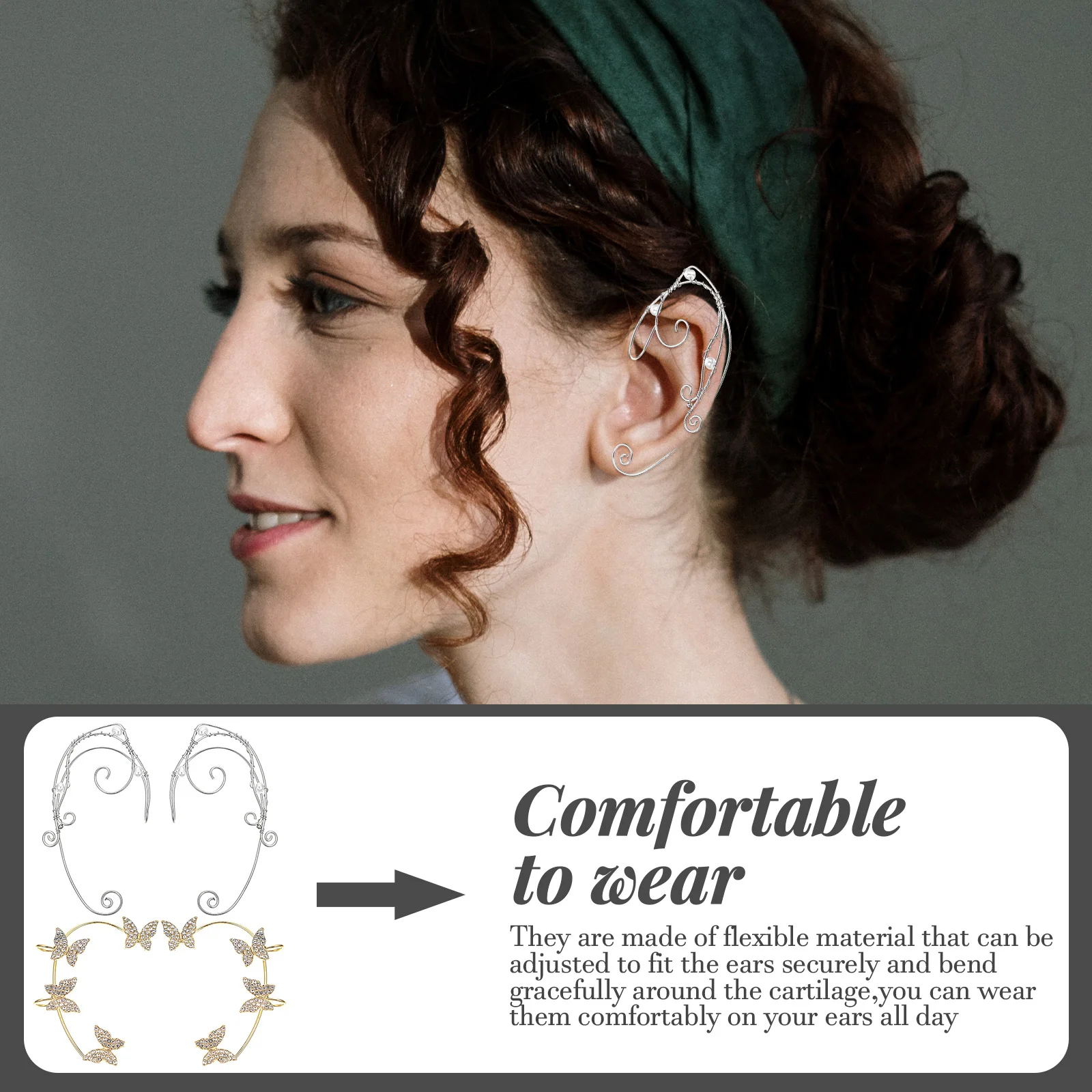 

Butterfly Ear Elf Ear Cuff Metal 2 Pairs Tassel Clip On Earrings Non Piercing Women Shiny Rhinestones Party Gifts
