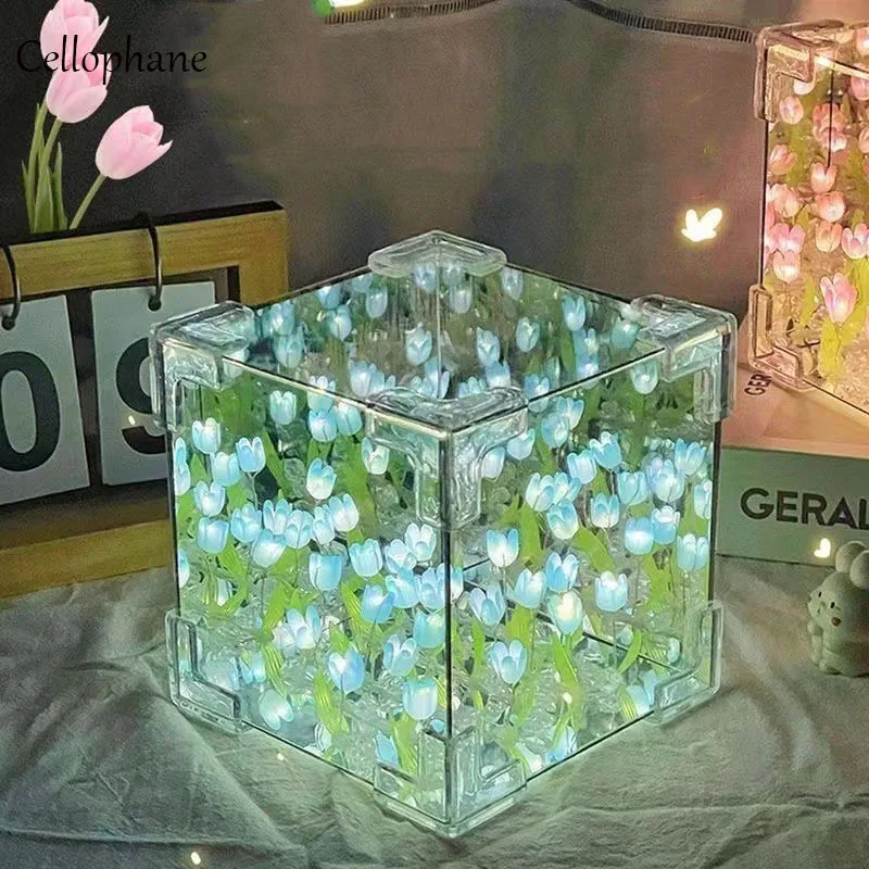 2025 Creative Diy Tulip Flower Sea Cube Rubik's Cube Mirror Three-Dimensional Small Night Lamp for Girlfriend Couple Girl Gift