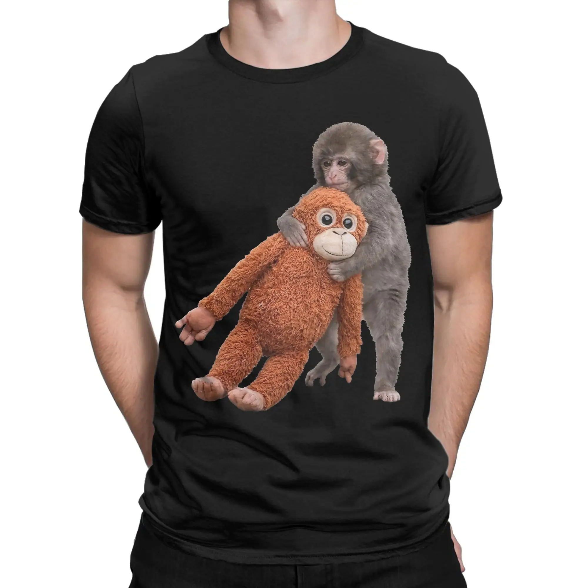 Baby Macaque Hugging Punch Monkey T Shirts for Men 100% Cotton Vintage T-Shirts Tee Shirt Short Sleeve Tops Original
