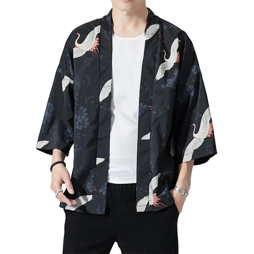 Men Shirt Bird Print Three-quarter Sleeve Men Kimono Japanese Style Samurai Costume Yukata Asian Clothes Men Clothes For Daily