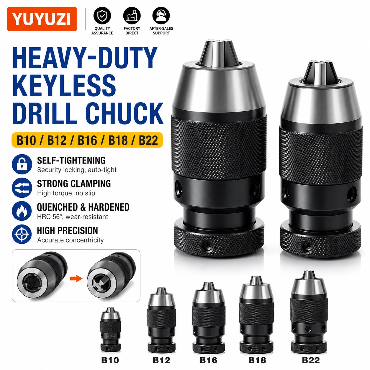 Self Locking Taper Chuck Drill Chuck B10 B12 B16 B18/22 Self-Tightening Drill Chuck 1/2-20UNF 3/8-24UNF for CNC Drilling Machine
