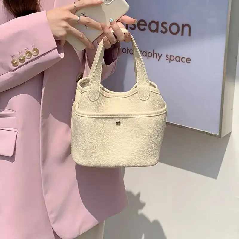 Korean Solid Color Handbag Women Minimalist Soft Leather Pebbled Texture Bucket Shoulder Ladies Casual Commute Crossbody Bag