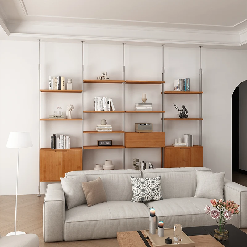 

Medieval style solid wood bookshelf floor-to-ceiling wrought iron bookcase living room integrated wall-mounted storage shelf she