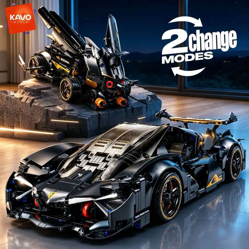 KAVOWORLD 2 in 1 Transformable 2 Modes Supercar Building Blocks Set Black Gold Race Car Model 1248pcs Technology Sports Car Bricks Kit Collectible Speed Vehicle Adult Hobby Construction Toy STEM Display Home Desk Decor Halloween Christmas Gift for Teens