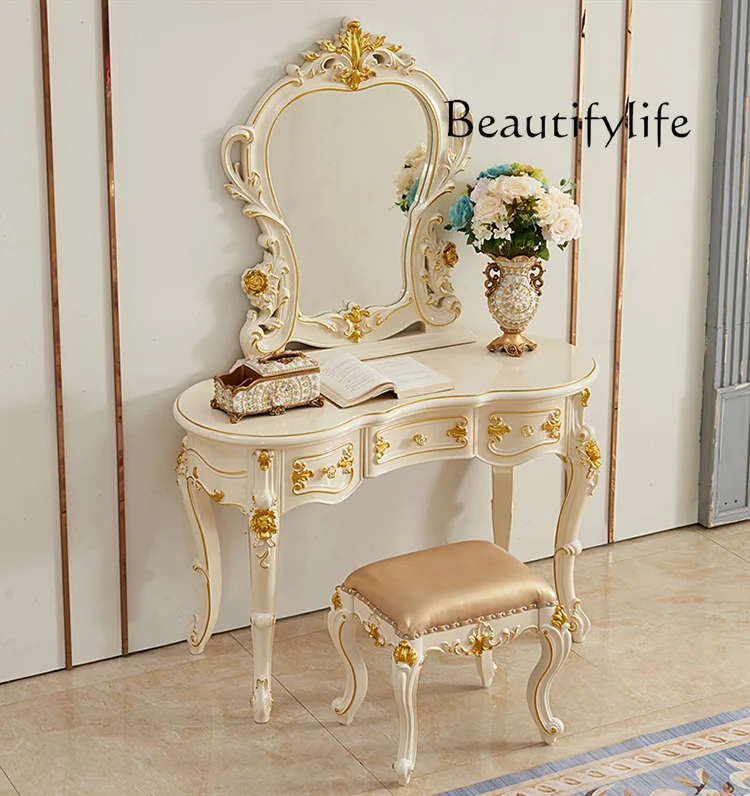 European-Style Dressing Table Bedroom High-End Princess Solid Wood Carving Integrated Makeup Desks and Chairs Combination