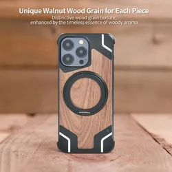 Black Walnut Wood Metal Case for iPhone 13 14 15 16 Pro Max 16 Plus Aluminium Alloy Shockproof Bracket Wireless Charging Cover