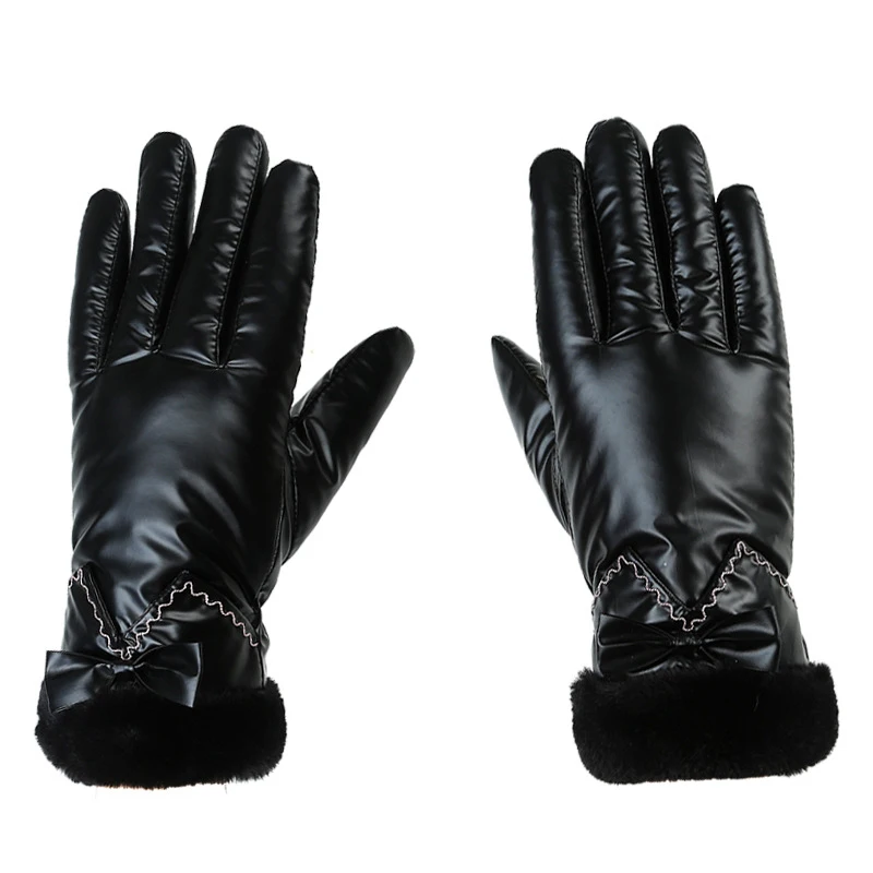 Women Winter Plus Velvet Thicken Warm Touch Screen Shiny Fashion Cute Elegant Plush Wrist Bow Waterproof Sports Climbing Gloves