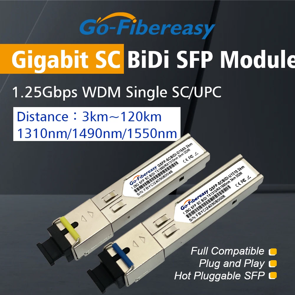 SFP SC BiDi Transceiver Module 1.25G WDM 1310/1550nm 3km/10km/20km DDM Compatible for Miktotik/TP-Link/Ubiquiti Ethernet Switch