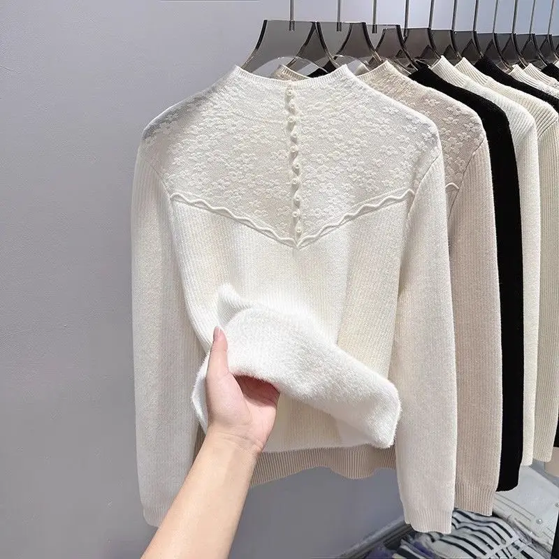 Women\'s Autumn and Winter New Semi High Collar One-piece Velvet Knitted Base Sweater with Added Velvet and Thickened Sweater Top
