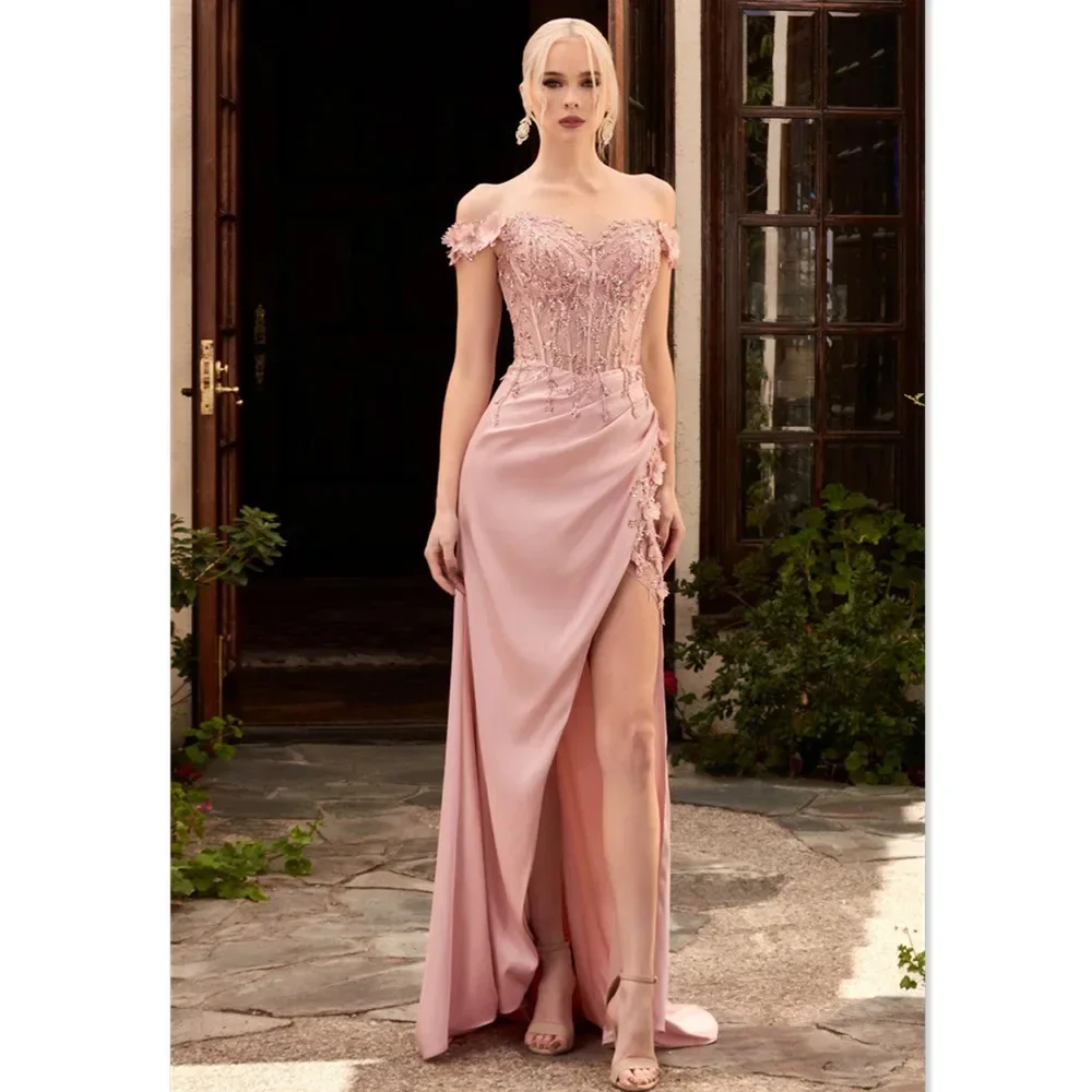 Customized Price AdjustmentFashion Off Shoulder Mermaid Prom Dress 2024 Silk Satin With Elegant Lace Embroidery And Side Split P