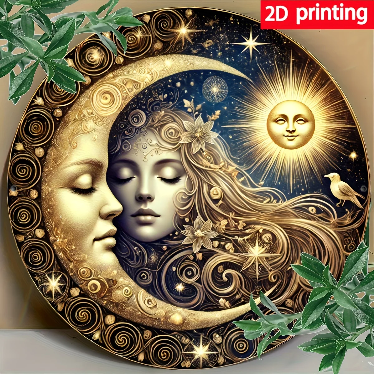 2D Flat, 1 Stück, 2D-Flugzeugkranz-Logo mit Sonnen- und Mond-Thema, rundes dekoratives Aluminium-Metall-Logo, geeignet für Zuhause, Café, Wohnung,