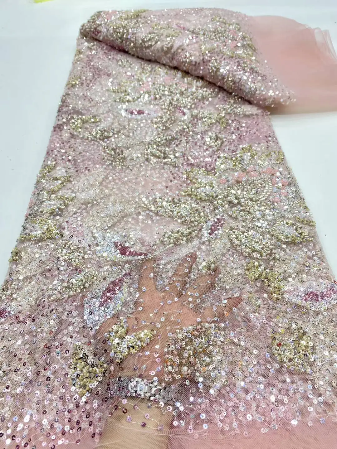 New Design Luxury French African Handmade Beads Tulle lace Latest Embroidery Sequins Mesh Lace Nigeria Fabric For Wedding Dress