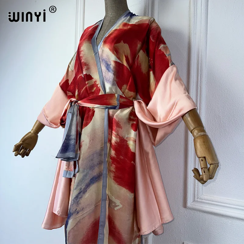 WINYI Summer Beach Wear Cover Up Lady Boho Cardigan luxury beachwear Silky and skin-friendly sexy Holiday Kimono maxi dress