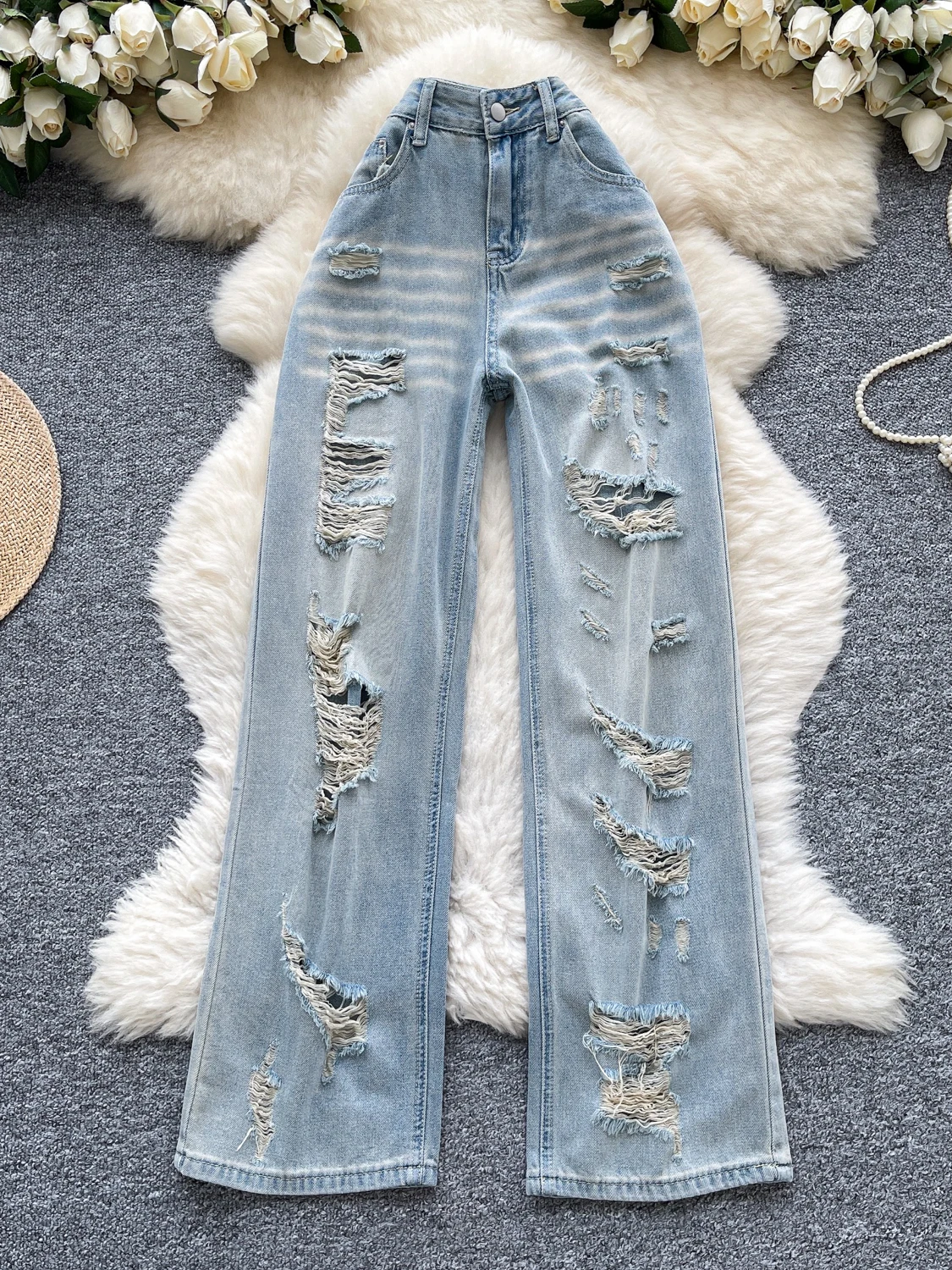 

Retro Spicy Girl Light Blue Denim Jeans Women's Autumn Frayed Worn Straight High Waist Slimming Floor-Length Pants