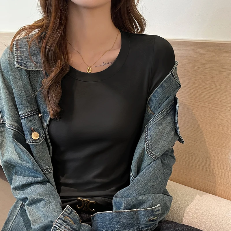 Solid Color Simple Versatile Long Sleeve Women's Autumn Winter Round Neck Bottom Shirt Tops Slim Soft Slim