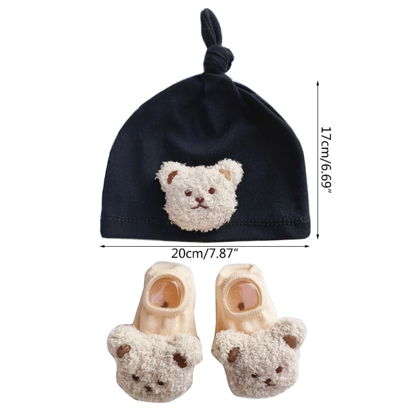 Cartoon Bear Baby Hat Socks Set Knotted Hat Windproof Infant Beanie Newborn Bonnet Shower Gift for Boys and Girls