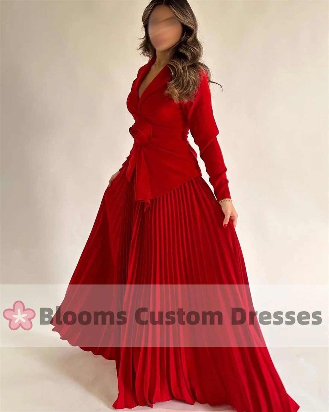 Blooms Red 2 Piece Handmade Flower Customized Prom Dress Long Sleeves Party Evening Gown Pleated A-Line V-Neck Formal Gown