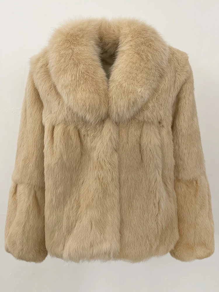 2025년 신상 여성 천연 토끼털 코트 두꺼운 따뜻한 상의 여성 패션 플러피 리얼 폭스 퍼 칼라 재킷