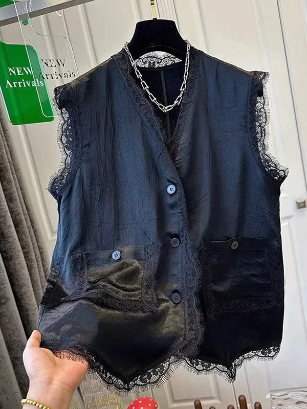

plus Size 300 Pounds Lace Trim Sleeveless Vest Women's Summer Shirt Outerwear Casual Versatile Small Shirt Korean Style Loose...