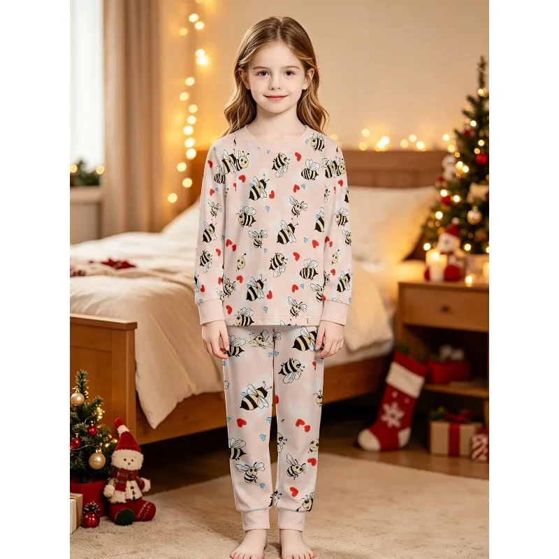 Girls Long Sleeve Crew Neck Pajama Set, Assorted Carrot Bee Cat Christmas Bear Prints, Perfect Birthday Xmas Gift