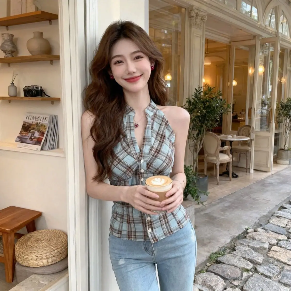 American Plaid Neck Hanging Sleeveless Shirt Women Summer Pure Desirable Spicy Waist Inward Short Style High Sense Beauty