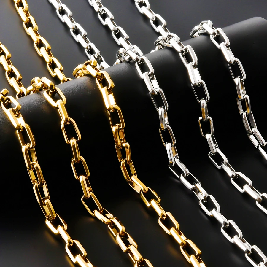 Rechteckige Kettenhalskette im Hip-Hop-Stil, Edelstahl-Halsketten für Damen und Herren, Accessoires, Halsketten, echt vergoldeter Schmuck – Detail 5