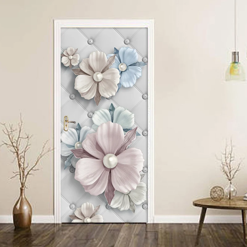 

DIY 3D Soft Case Pearl Flower Door Stickers Mural Living Room Decor PVC Self-adhesive Waterproof 3D Wallpaper Home Door Decals