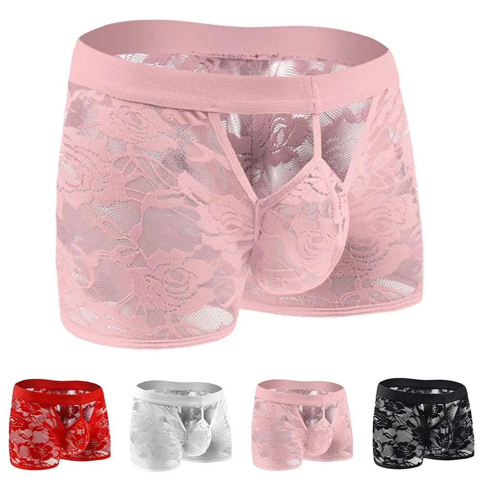 Sexy renda pura oca cuecas para homens, bolsa convexa cueca, calcinha masculina sissy transparente, roupa de dormir