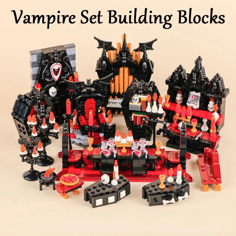 MOC Halloween Vampire Throne Castle Buliding Block Medieval Banquet Organ Sofa Set Animated Scene DIY Bricks Toy Decorative Gift