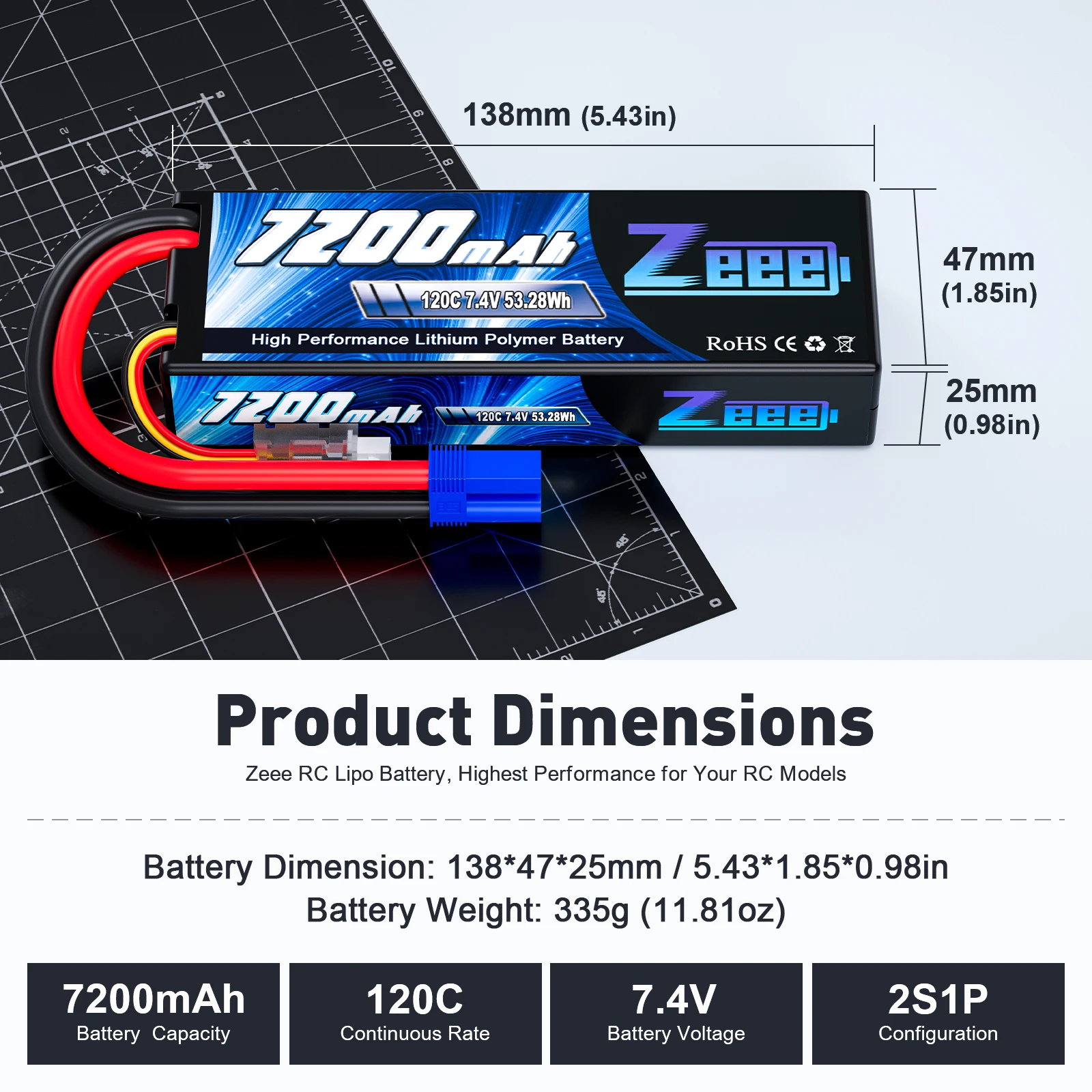 Zeee 2S Lipo Battery 7200mAh 7.4V 120C Hardcase with EC5/3 Plug for RC Car Truggy Buggy Vehicles Tank Airplane RC Models Parts