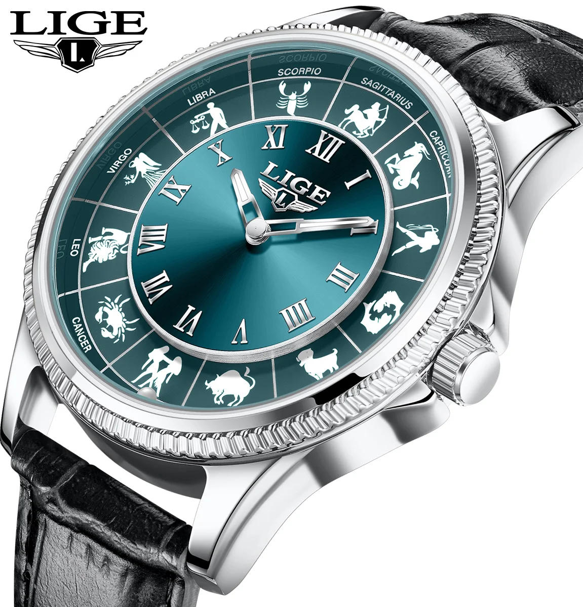 LIGE Mens Watches Constellation Creative Dial Fashion Quartz Wristwatch Leather Sport Watch for Men Luminous Clock Man with Box