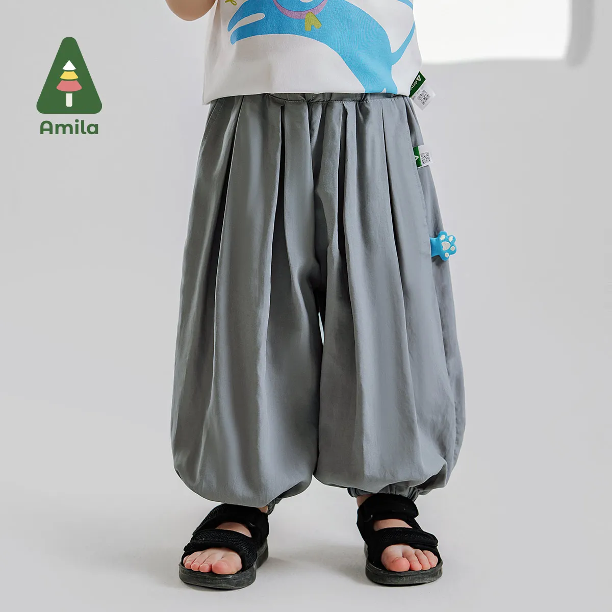 Amila 2024 Summer New Boys Bottom Loose Cinch Pants Cool Breathable Comfortable Solid Color Pants 0-6Y