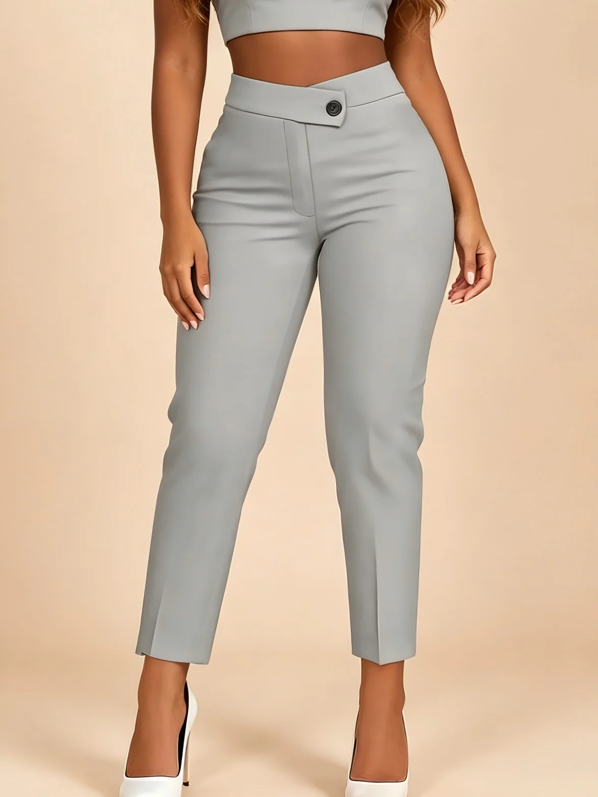 High Waist Cross Wrap Waist Cropped Tapered Pants For Women Button Decor Office Business Casual Trousers