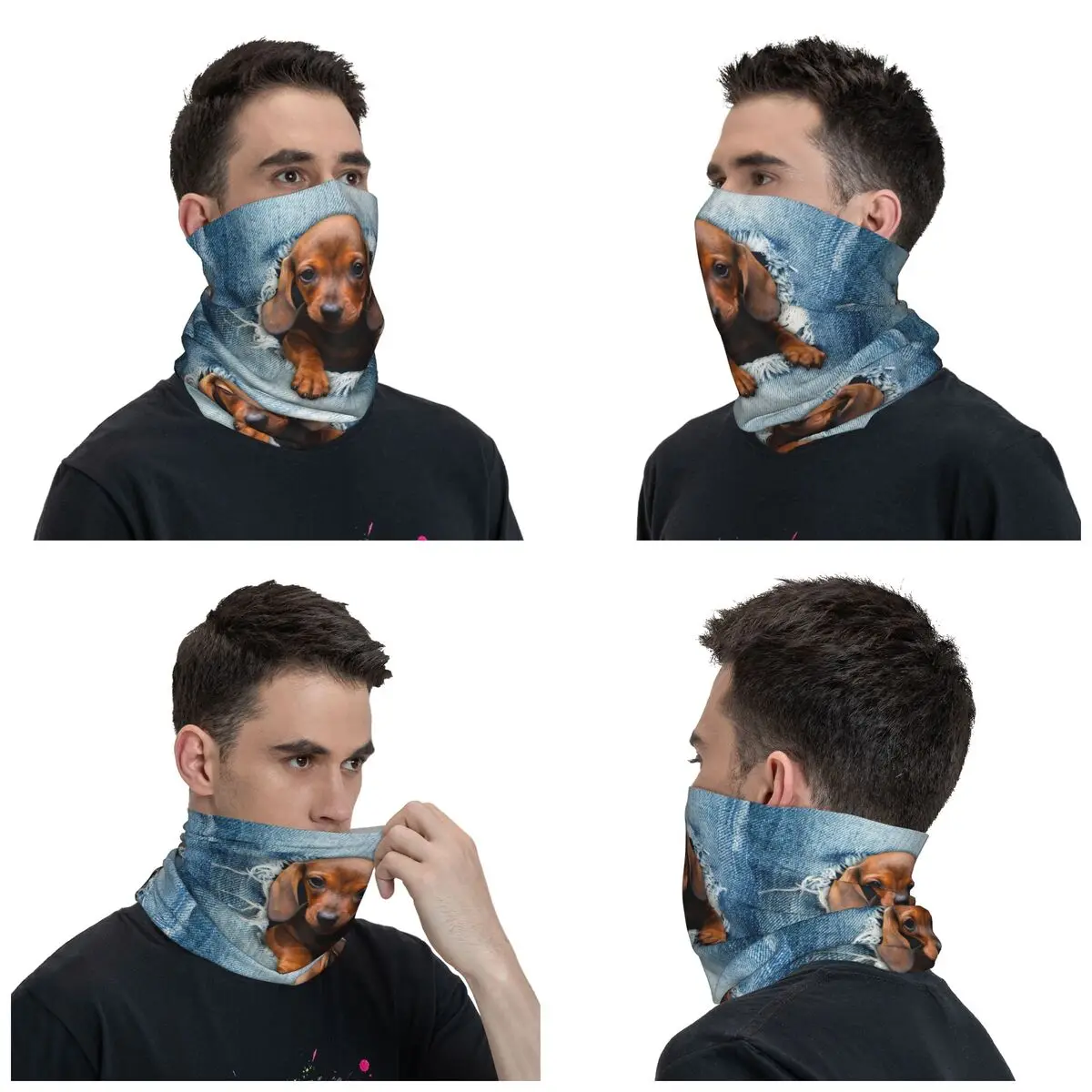 Dachshund Dog Torn Jean Bandana Neck Warmer Men Women Winter Hiking Ski Scarf Gaiter Wiener Badger Sausage Dog Face Cover